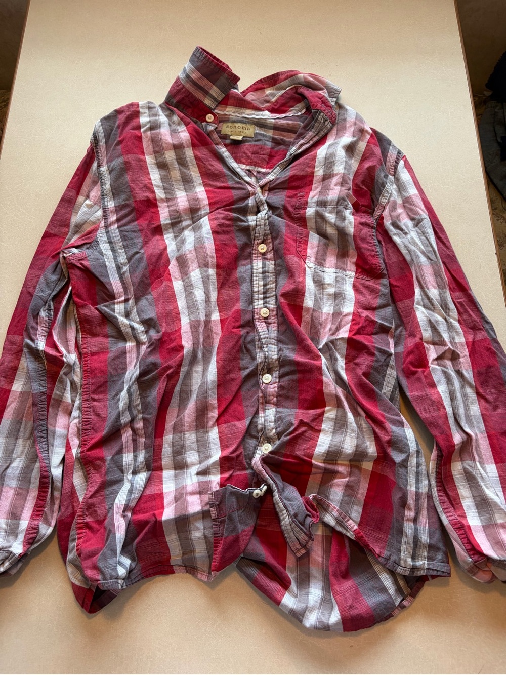Sonoma Red, White & Gray Plaid Button-Up Shirt